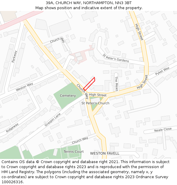 39A, CHURCH WAY, NORTHAMPTON, NN3 3BT: Location map and indicative extent of plot