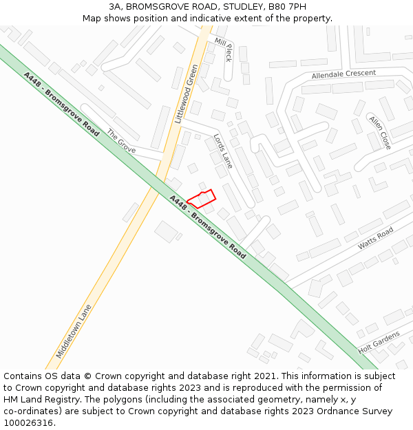 3A, BROMSGROVE ROAD, STUDLEY, B80 7PH: Location map and indicative extent of plot