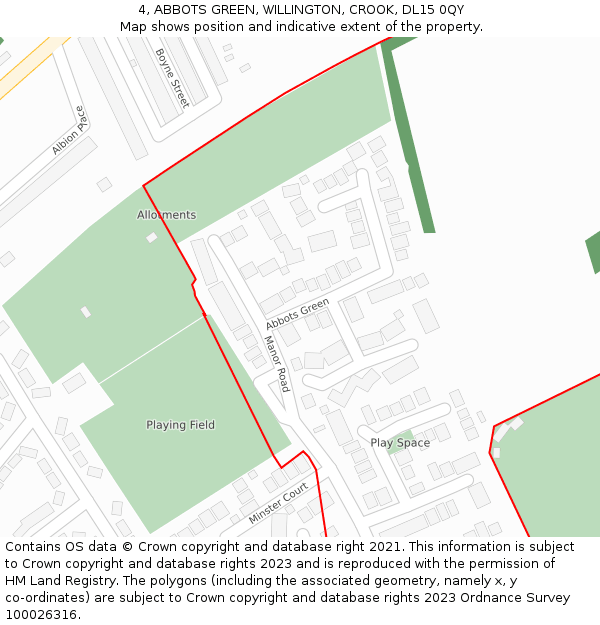 4, ABBOTS GREEN, WILLINGTON, CROOK, DL15 0QY: Location map and indicative extent of plot
