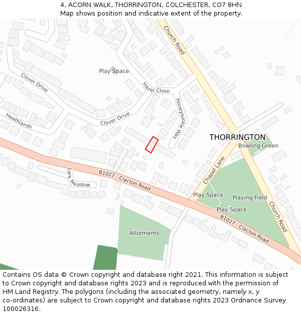 4, ACORN WALK, THORRINGTON, COLCHESTER, CO7 8HN: Location map and indicative extent of plot