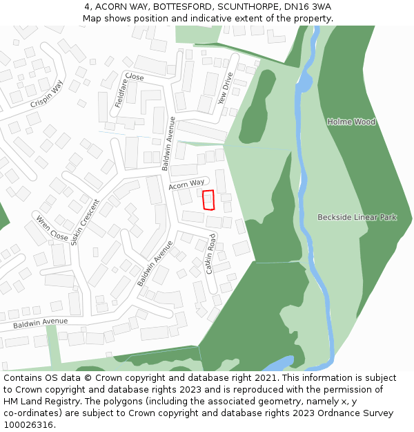 4, ACORN WAY, BOTTESFORD, SCUNTHORPE, DN16 3WA: Location map and indicative extent of plot