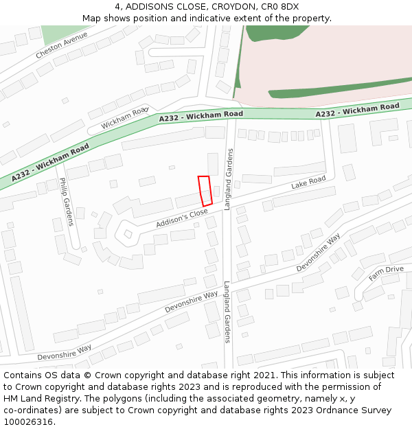 4, ADDISONS CLOSE, CROYDON, CR0 8DX: Location map and indicative extent of plot