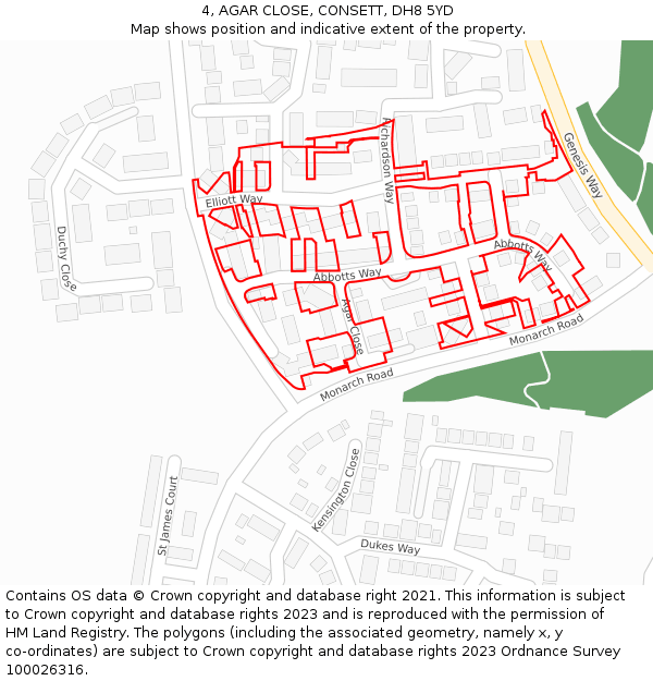 4, AGAR CLOSE, CONSETT, DH8 5YD: Location map and indicative extent of plot