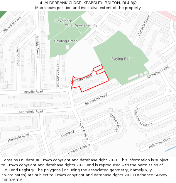 4, ALDERBANK CLOSE, KEARSLEY, BOLTON, BL4 8JQ: Location map and indicative extent of plot