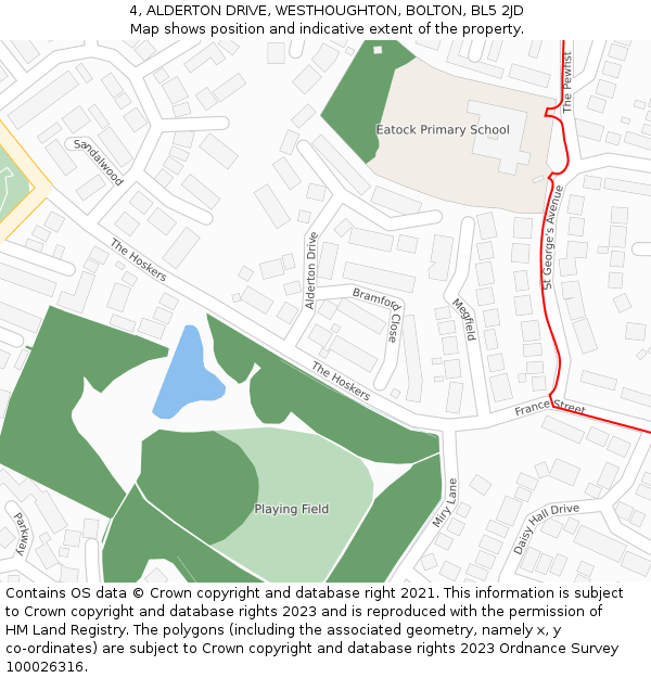 4, ALDERTON DRIVE, WESTHOUGHTON, BOLTON, BL5 2JD: Location map and indicative extent of plot