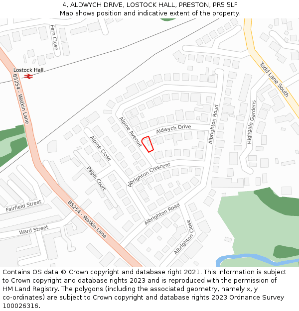 4, ALDWYCH DRIVE, LOSTOCK HALL, PRESTON, PR5 5LF: Location map and indicative extent of plot