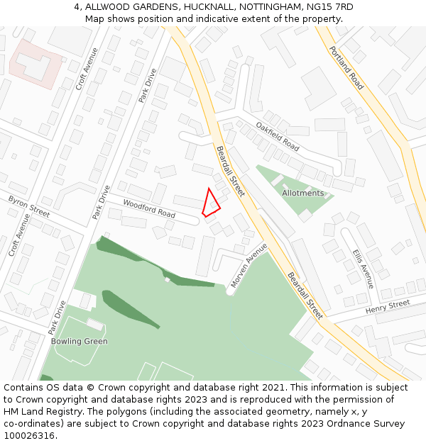 4, ALLWOOD GARDENS, HUCKNALL, NOTTINGHAM, NG15 7RD: Location map and indicative extent of plot