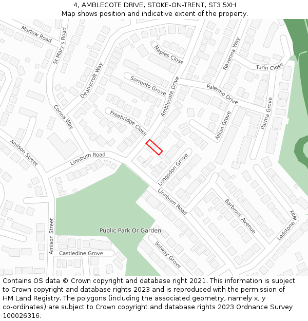 4, AMBLECOTE DRIVE, STOKE-ON-TRENT, ST3 5XH: Location map and indicative extent of plot