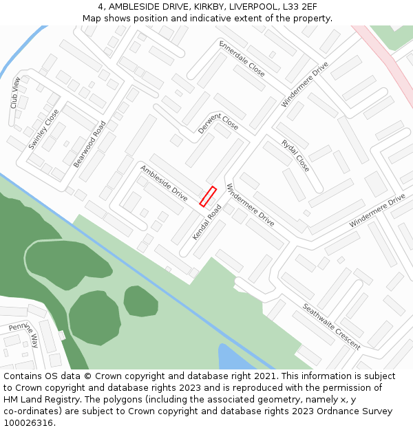 4, AMBLESIDE DRIVE, KIRKBY, LIVERPOOL, L33 2EF: Location map and indicative extent of plot