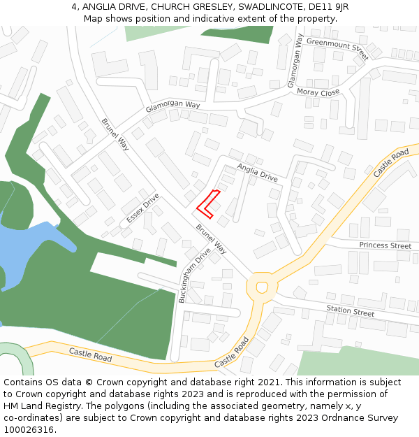 4, ANGLIA DRIVE, CHURCH GRESLEY, SWADLINCOTE, DE11 9JR: Location map and indicative extent of plot