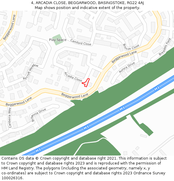 4, ARCADIA CLOSE, BEGGARWOOD, BASINGSTOKE, RG22 4AJ: Location map and indicative extent of plot