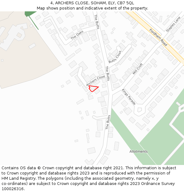 4, ARCHERS CLOSE, SOHAM, ELY, CB7 5QL: Location map and indicative extent of plot