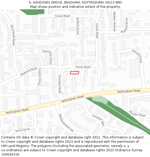 4, ASHDOWN GROVE, BINGHAM, NOTTINGHAM, NG13 8RD: Location map and indicative extent of plot