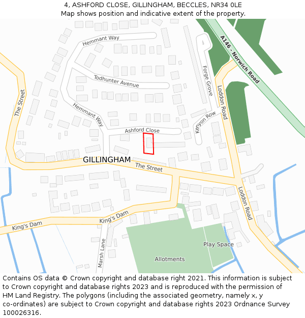 4, ASHFORD CLOSE, GILLINGHAM, BECCLES, NR34 0LE: Location map and indicative extent of plot