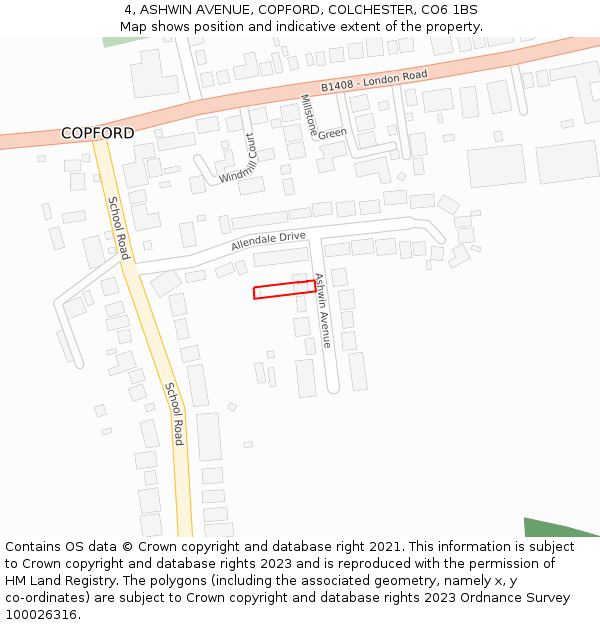 4, ASHWIN AVENUE, COPFORD, COLCHESTER, CO6 1BS: Location map and indicative extent of plot