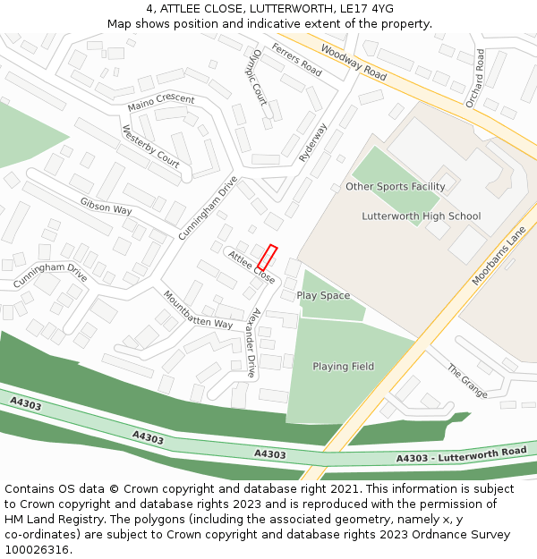 4, ATTLEE CLOSE, LUTTERWORTH, LE17 4YG: Location map and indicative extent of plot