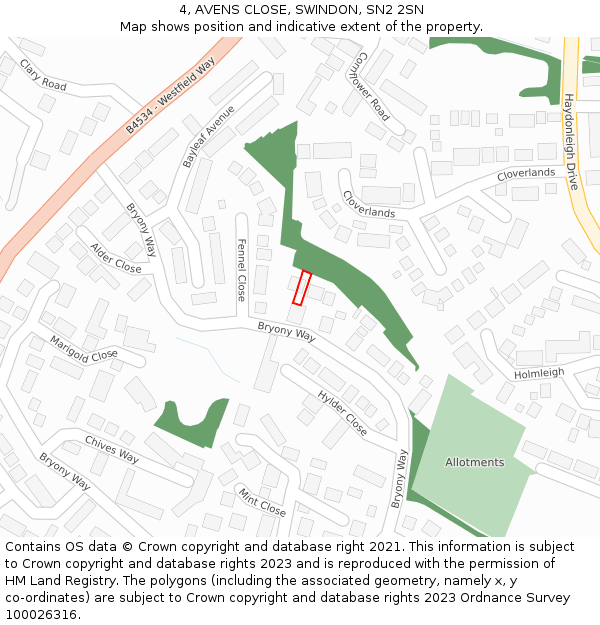 4, AVENS CLOSE, SWINDON, SN2 2SN: Location map and indicative extent of plot