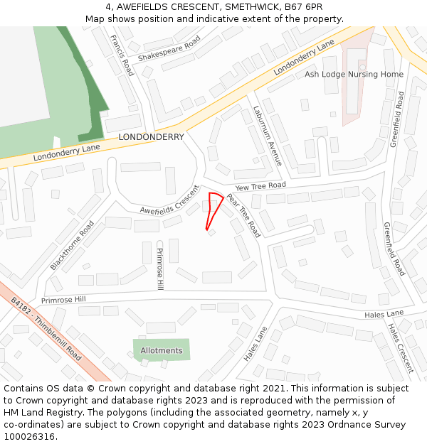 4, AWEFIELDS CRESCENT, SMETHWICK, B67 6PR: Location map and indicative extent of plot