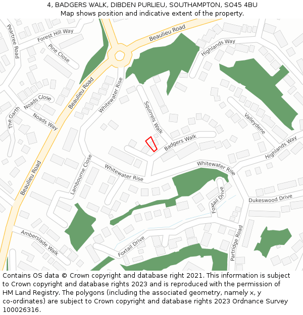 4, BADGERS WALK, DIBDEN PURLIEU, SOUTHAMPTON, SO45 4BU: Location map and indicative extent of plot