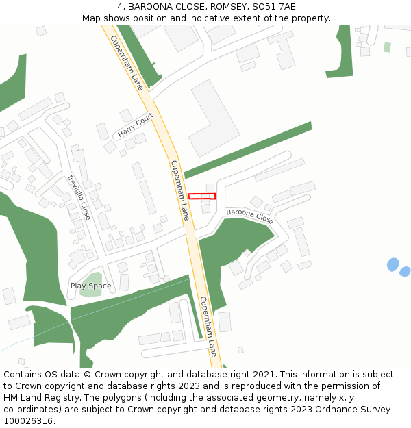 4, BAROONA CLOSE, ROMSEY, SO51 7AE: Location map and indicative extent of plot