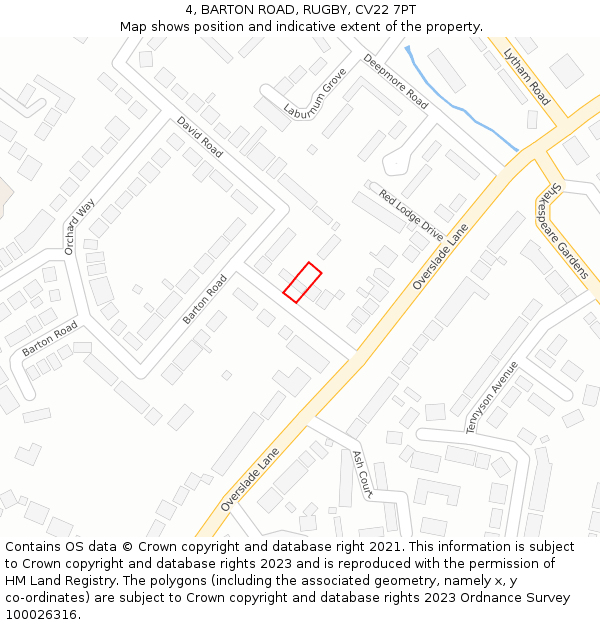 4, BARTON ROAD, RUGBY, CV22 7PT: Location map and indicative extent of plot