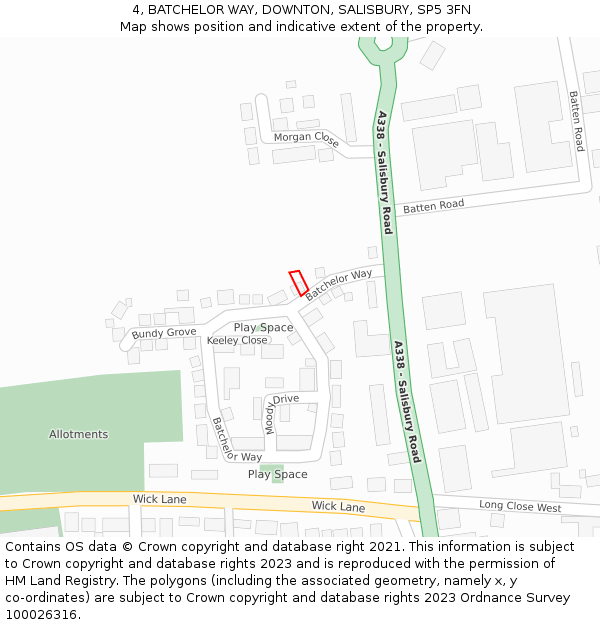 4, BATCHELOR WAY, DOWNTON, SALISBURY, SP5 3FN: Location map and indicative extent of plot