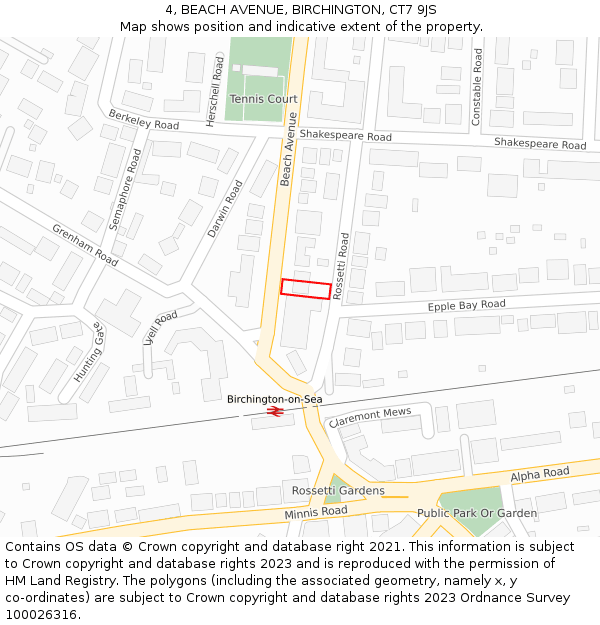 4, BEACH AVENUE, BIRCHINGTON, CT7 9JS: Location map and indicative extent of plot