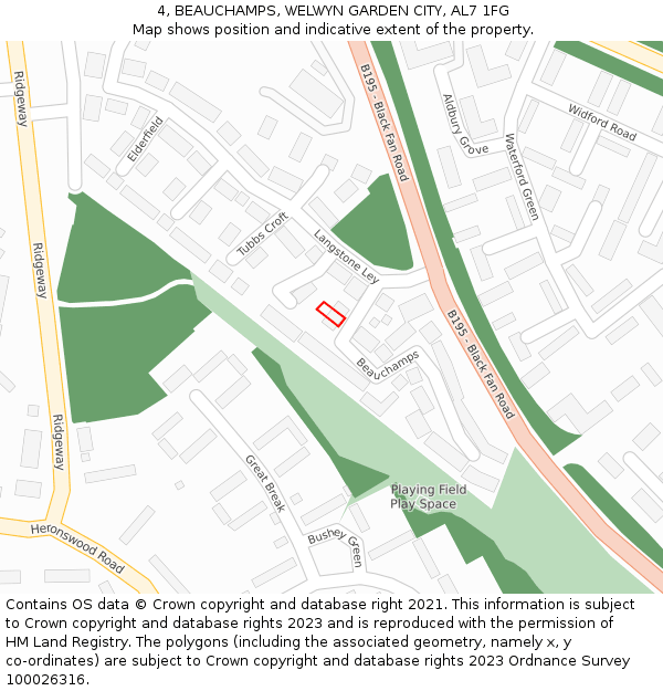 4, BEAUCHAMPS, WELWYN GARDEN CITY, AL7 1FG: Location map and indicative extent of plot