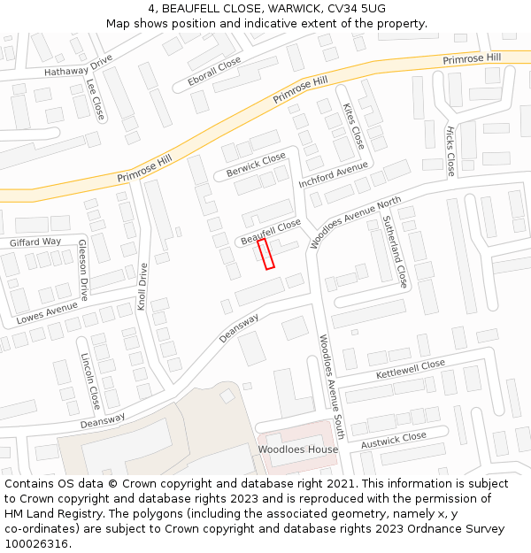 4, BEAUFELL CLOSE, WARWICK, CV34 5UG: Location map and indicative extent of plot