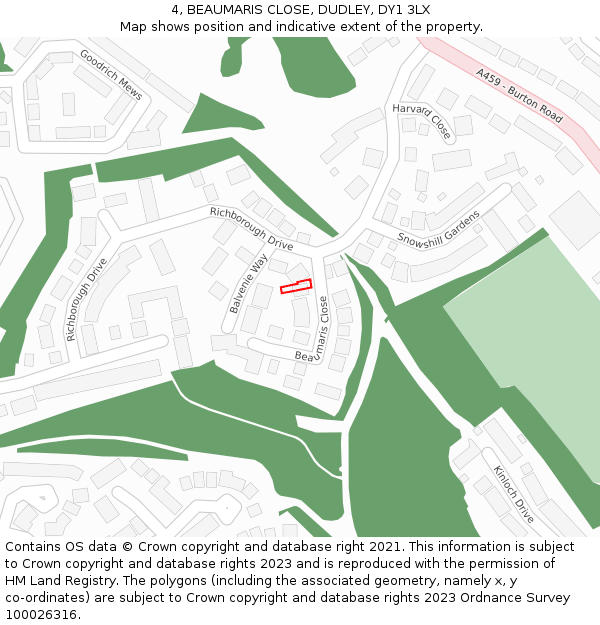 4, BEAUMARIS CLOSE, DUDLEY, DY1 3LX: Location map and indicative extent of plot