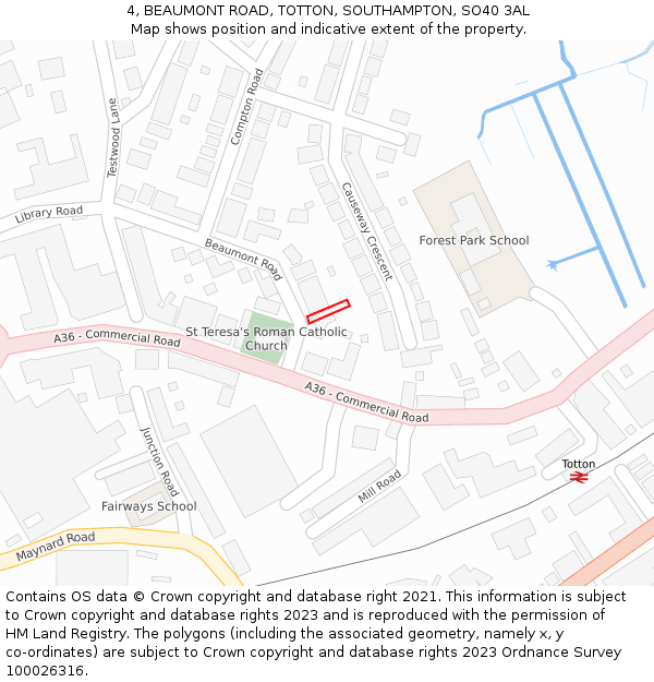 4, BEAUMONT ROAD, TOTTON, SOUTHAMPTON, SO40 3AL: Location map and indicative extent of plot