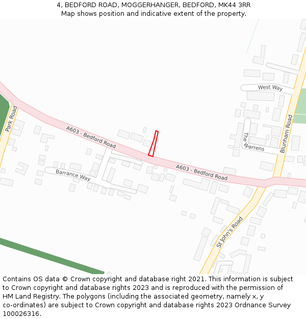 4, BEDFORD ROAD, MOGGERHANGER, BEDFORD, MK44 3RR: Location map and indicative extent of plot