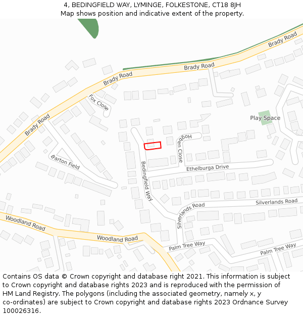 4, BEDINGFIELD WAY, LYMINGE, FOLKESTONE, CT18 8JH: Location map and indicative extent of plot