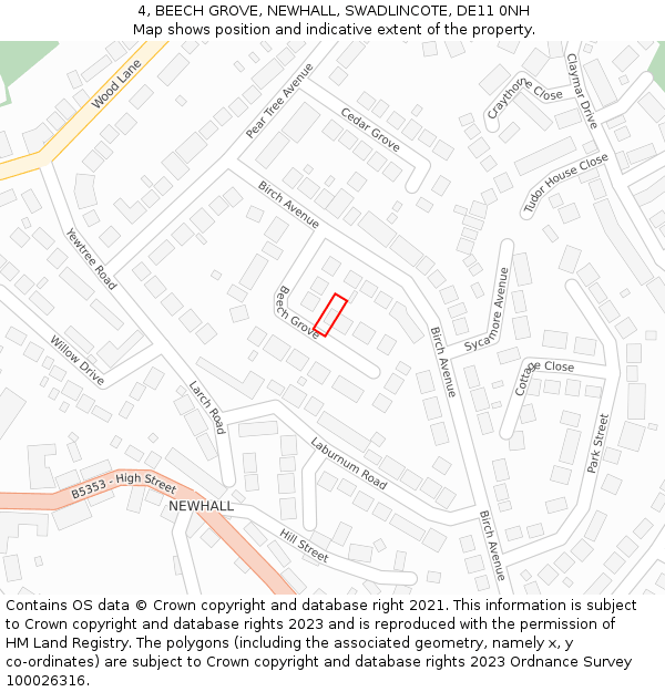 4, BEECH GROVE, NEWHALL, SWADLINCOTE, DE11 0NH: Location map and indicative extent of plot