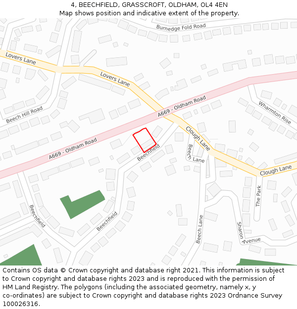4, BEECHFIELD, GRASSCROFT, OLDHAM, OL4 4EN: Location map and indicative extent of plot