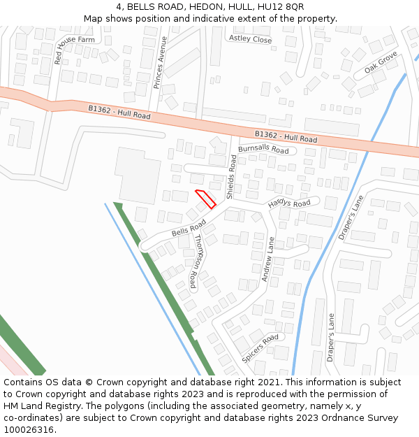 4, BELLS ROAD, HEDON, HULL, HU12 8QR: Location map and indicative extent of plot