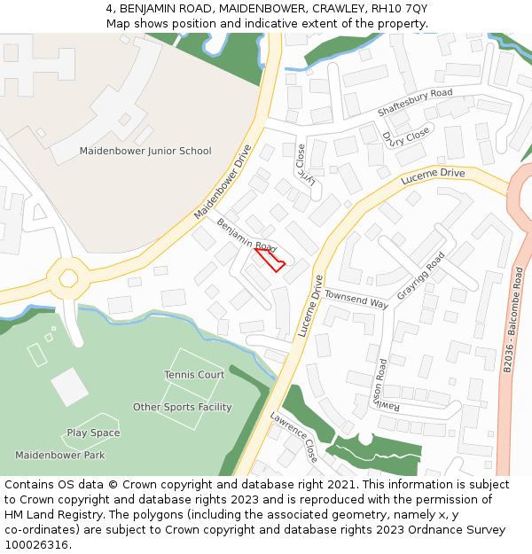 4, BENJAMIN ROAD, MAIDENBOWER, CRAWLEY, RH10 7QY: Location map and indicative extent of plot