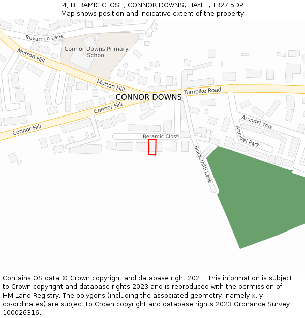 4, BERAMIC CLOSE, CONNOR DOWNS, HAYLE, TR27 5DP: Location map and indicative extent of plot