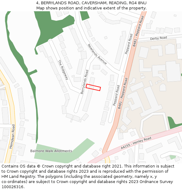 4, BERRYLANDS ROAD, CAVERSHAM, READING, RG4 8NU: Location map and indicative extent of plot