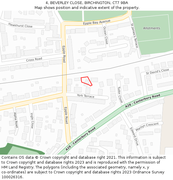 4, BEVERLEY CLOSE, BIRCHINGTON, CT7 9BA: Location map and indicative extent of plot