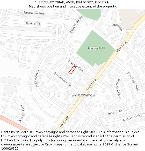 4, BEVERLEY DRIVE, WYKE, BRADFORD, BD12 9AU: Location map and indicative extent of plot