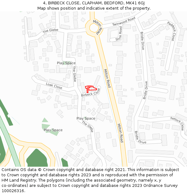 4, BIRBECK CLOSE, CLAPHAM, BEDFORD, MK41 6GJ: Location map and indicative extent of plot