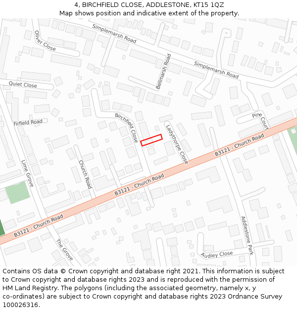 4, BIRCHFIELD CLOSE, ADDLESTONE, KT15 1QZ: Location map and indicative extent of plot