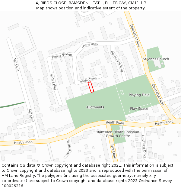 4, BIRDS CLOSE, RAMSDEN HEATH, BILLERICAY, CM11 1JB: Location map and indicative extent of plot