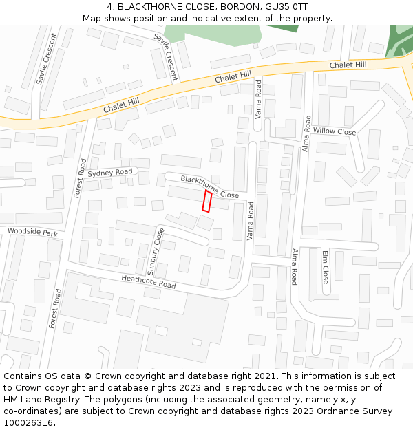 4, BLACKTHORNE CLOSE, BORDON, GU35 0TT: Location map and indicative extent of plot