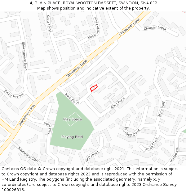 4, BLAIN PLACE, ROYAL WOOTTON BASSETT, SWINDON, SN4 8FP: Location map and indicative extent of plot