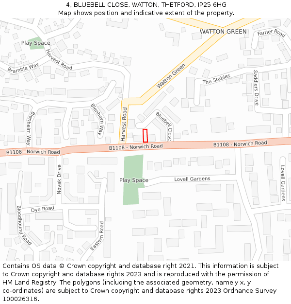 4, BLUEBELL CLOSE, WATTON, THETFORD, IP25 6HG: Location map and indicative extent of plot