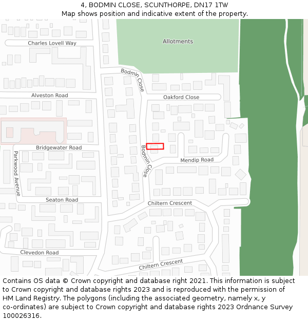 4, BODMIN CLOSE, SCUNTHORPE, DN17 1TW: Location map and indicative extent of plot