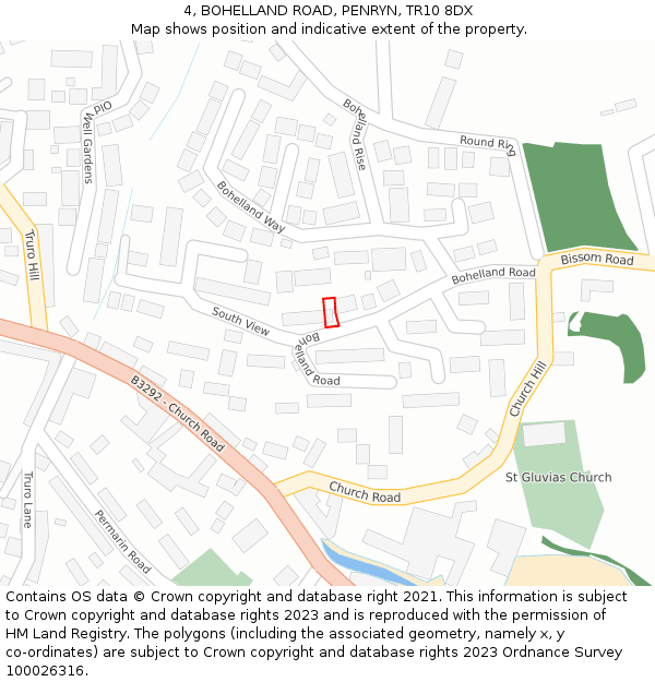 4, BOHELLAND ROAD, PENRYN, TR10 8DX: Location map and indicative extent of plot