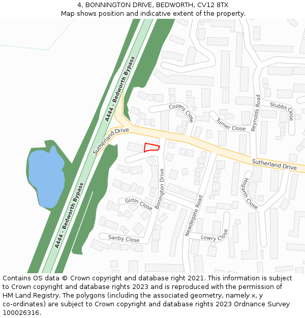 4, BONNINGTON DRIVE, BEDWORTH, CV12 8TX: Location map and indicative extent of plot